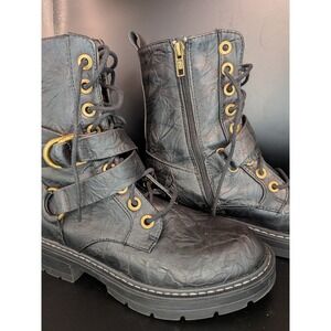 Seven Dials Cardi B Combat Boots Black Crinkle Faux Leather Gold Buckle Size 8